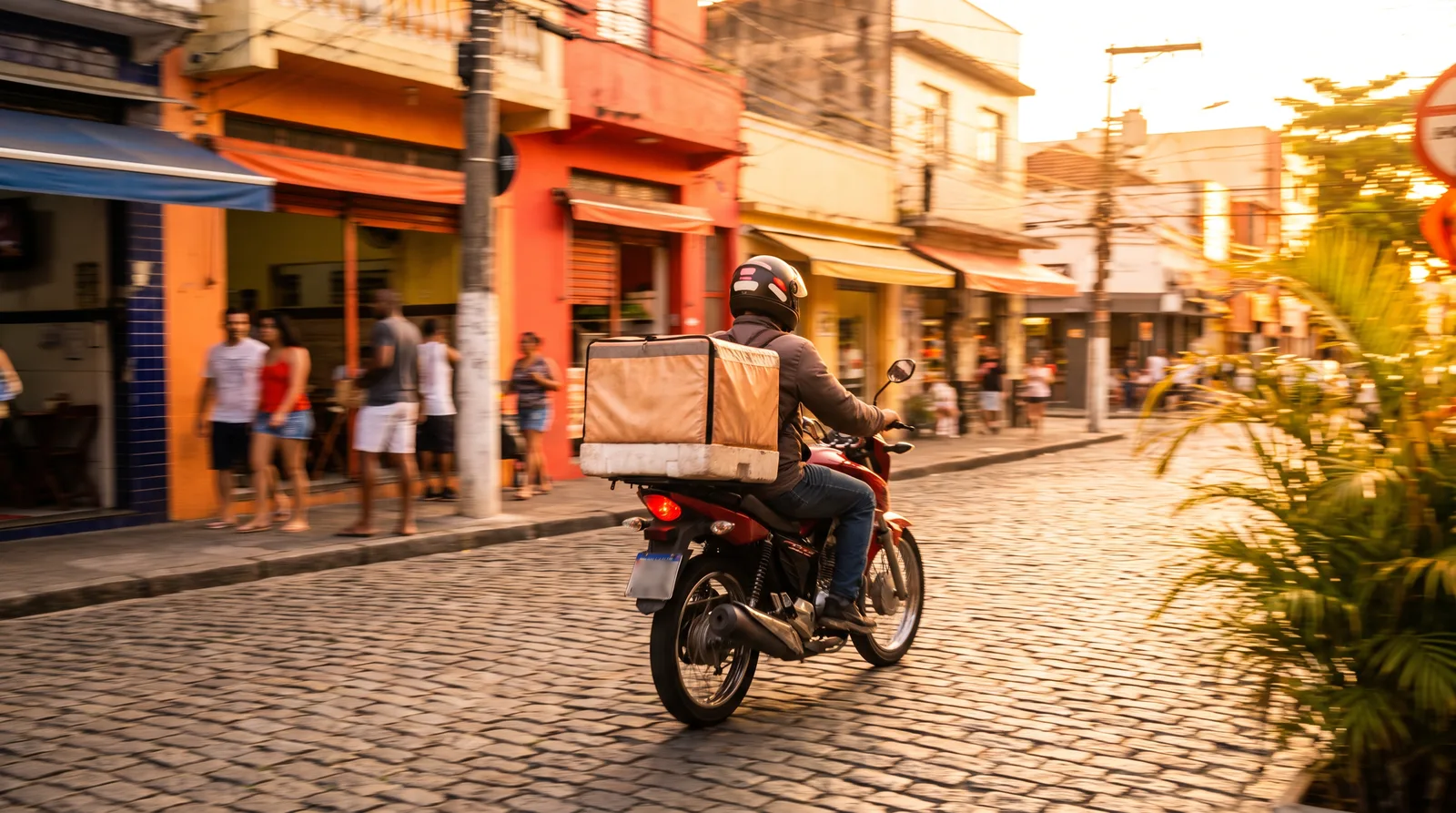 Moto de entrega com baú passando por rua ensolarada no fim da tarde