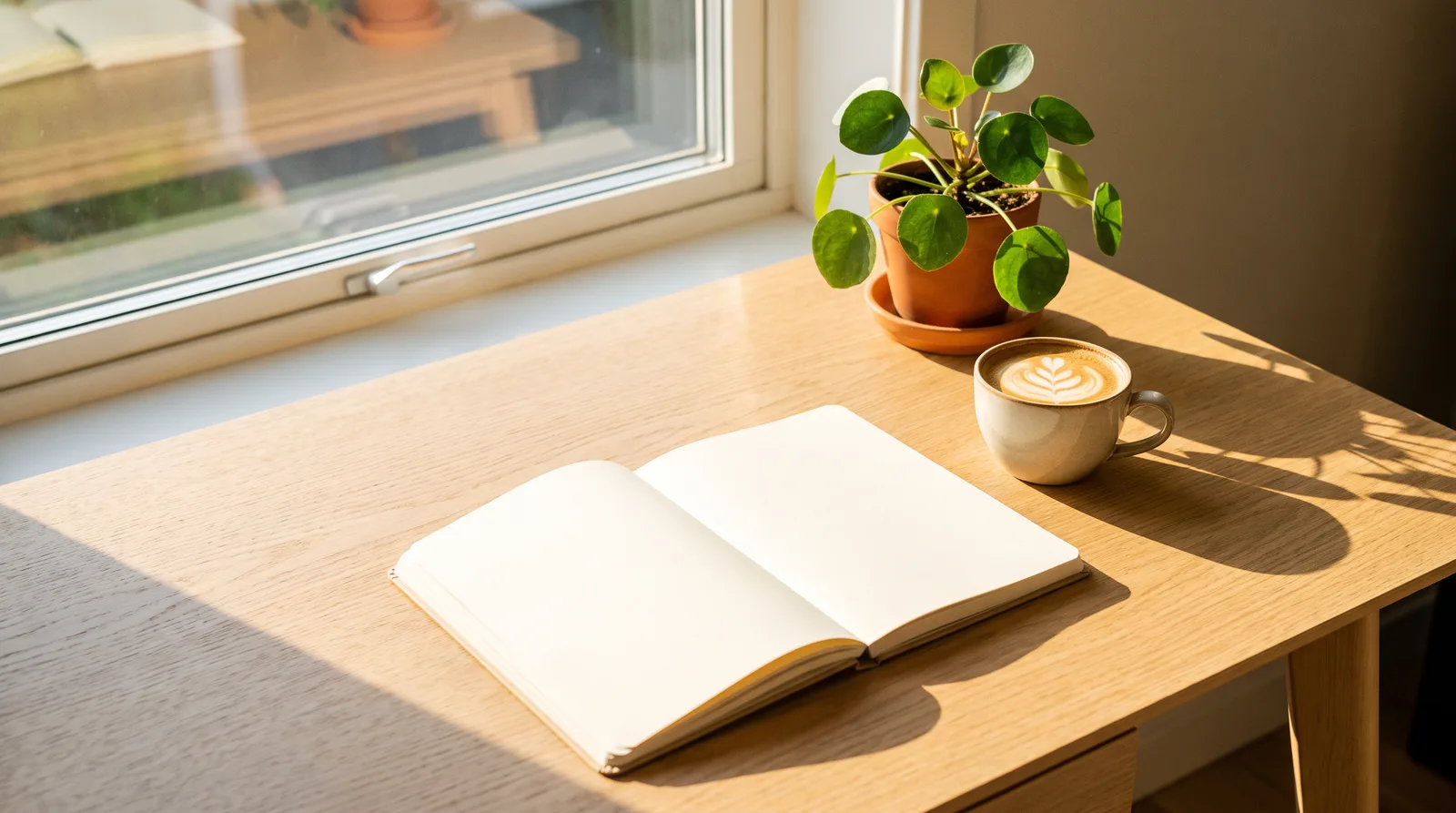 Mesa de trabalho clara com caderno aberto, café e planta sob luz da manhã