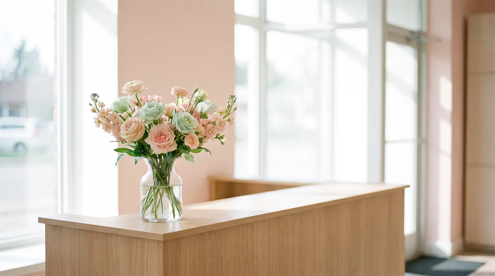 Recepção clara e arejada com luz da manhã e flores sobre o balcão